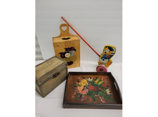 Vintage Wooden Trays, Boxes, Donald Duck Pull Toy
