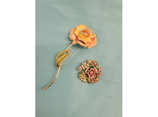 Two Antique Enameled Flower Brooches