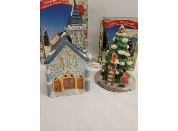 Two Ceramic Christmas Displays House & Tree