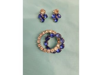 Blue Rhinestone Earrings W/Matching Brooch