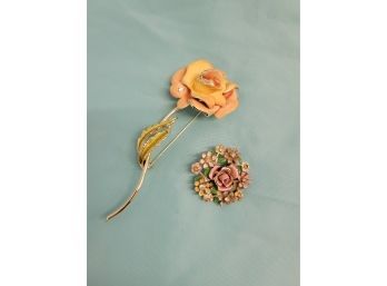 Two Antique Enameled Flower Brooches