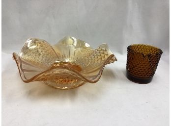 Vintage Carnival Glass Bowl And Amber Glass Votive