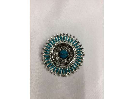 Turquoise And Silver Tone Brooch