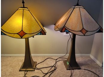 Pair Of Stiffel Dual Arm Tiffany Style Stained Glass Lamps - Both Work