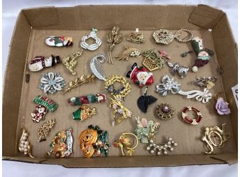 Costume Brooch Lot - Enameled, Stones, And More