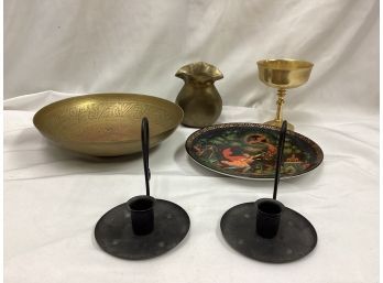 Brass & Metal Lot - Goblets, Plates, Candle Holders, And More