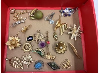 Costume Brooch Lot - Rhinestones, Gold Tone, And More