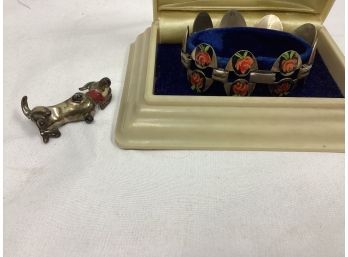 Silver Tone Dog Brooch And Bracelet