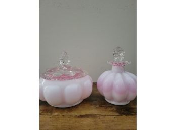 Fenton Pink Rose Vanity Set - Perfume And Powder Dish
