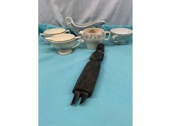 Lot Of Antique Tea Cups, African Carved Statue, And More
