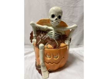Halloween Skeleton In Pumpkin Cookie Jar