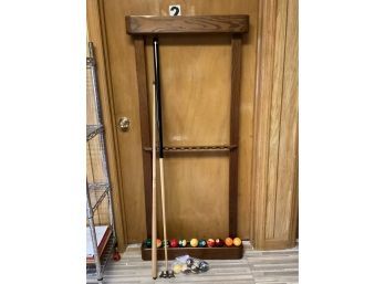 Pool Stick Wall Hanging Caddy W/pool Stick, Pool Cue Rack Rest, And Pool Balls