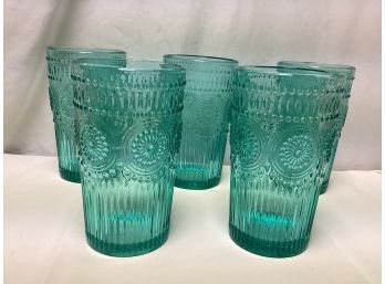 Set Of 5 Pioneer Woman 16oz Adeline Turquoise Heavy Glasses