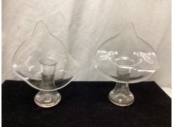 Two Unique Flower Clear Glass Candle Holders