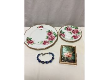 Floral Lot - Floral Beaded Bracelet, Lady Margaret Plates, And Vintage Photo Album