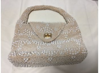 Vintage White Beaded Purse W/gold Tone Clasp