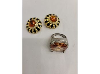Vintage Enameled Earrings And Costume Ring