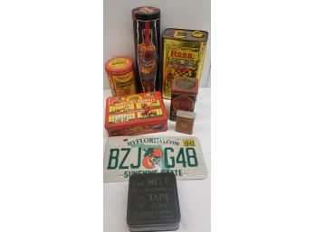 Vintage Advertising Tin Lot And License Plate