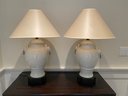Pair Of White Ceramic White Lamps With Wood Base