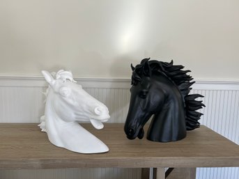 Pair Of Italian Black And White Decorative Porcelain Horse Heads