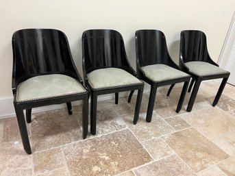 Set Of 4 Black Art Deco With Leather Nailhead Seats Lacquer Over Burled Wood