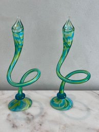Pair Of Blown Glass Candlesticks