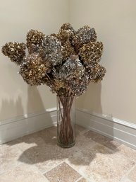 Large Glass Vase With Gold And Silver Painted Hydrangeas