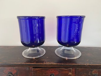 Pair Of  Ralph Lauren Cobalt Blue Glass Large Urns Signed