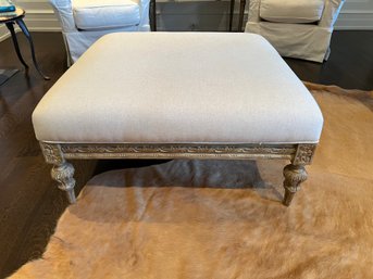 Large Square Linen Upholstered Wood Ottoman