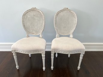 2 Eloquence Louis XVI Cane Dining Chair In Antique White Painted Cane Fog Linen Upholstery