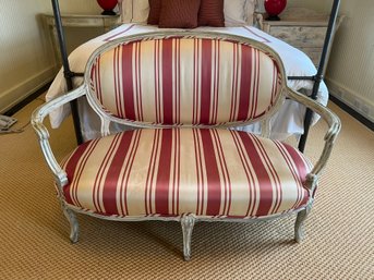 Antique French Settee Upholstered In Silk Fabric