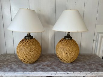 Pair Of Woven Ratan Lamps