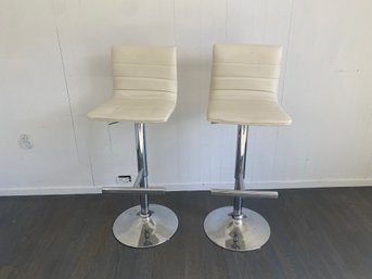 Pair Of White Leather Barstools