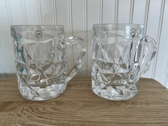 Pair Of Tiffany & Co. Signed Crystal Glass Mugs Cut Rock Pattern
