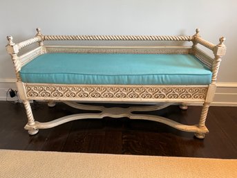Antique Carved With Turquoise Upholstered Bench