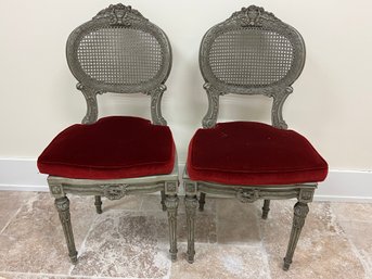 2 Antique Grey Caned Dining Chairs With Red Velvet Cushions
