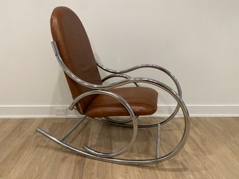 Mid-Century Modern Polished Chrome Curvilinear Rocking Chair In Olive Leather