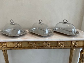 Set Of 3 Godinger Covered Serving Trays With Glass Dome