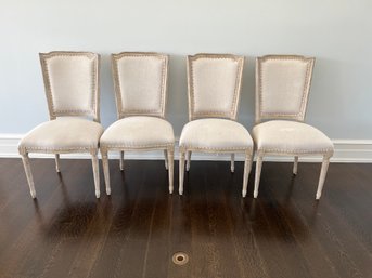 Set Of 4 Distressed Taupe Dining Chairs With Burlap Backs With Nailhead Upholstery