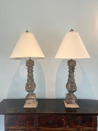 Pair Of Cast Iron Decorative Lamps With Brass Finial
