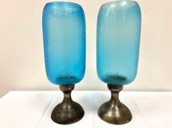 Pair Of Blue Textured Glass Candle Holders With Metal Base