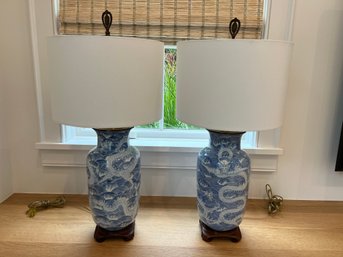 Pair Of Blue And White Asian Ceramic Table Lamps