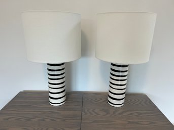 Pair Of Black And White Striped Ceramic Lamps