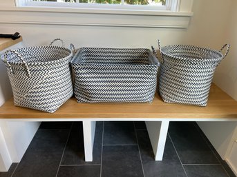 Set Of Three Blue And White Strapping Woven Baskets