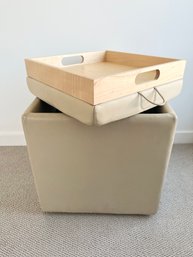 Design Within Reach Leather Rolling Ottoman With Reovable Tray In Bisque