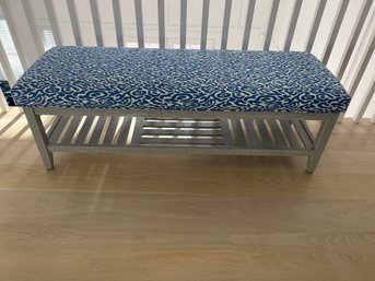 Blue And White Upholstered Bench With Grey Wood Base