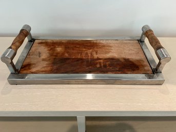 Wood And Chrome Tray With Handles