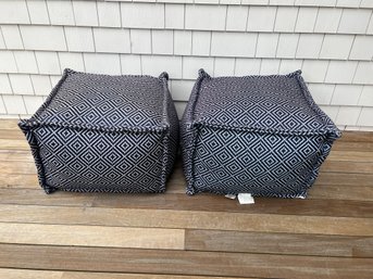 Pair Of Nu Loom Blue And White Poof Ottoman Indoor Outdoor