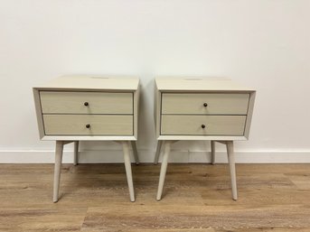 Pair Of West Elm Mid-Century Closed Nightstands With Charging Station