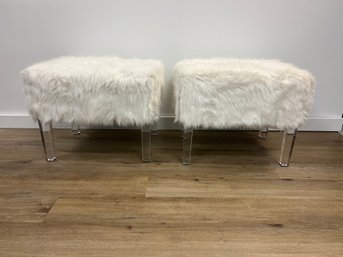 Pair Of Fury Ottomans With Lucite Legs